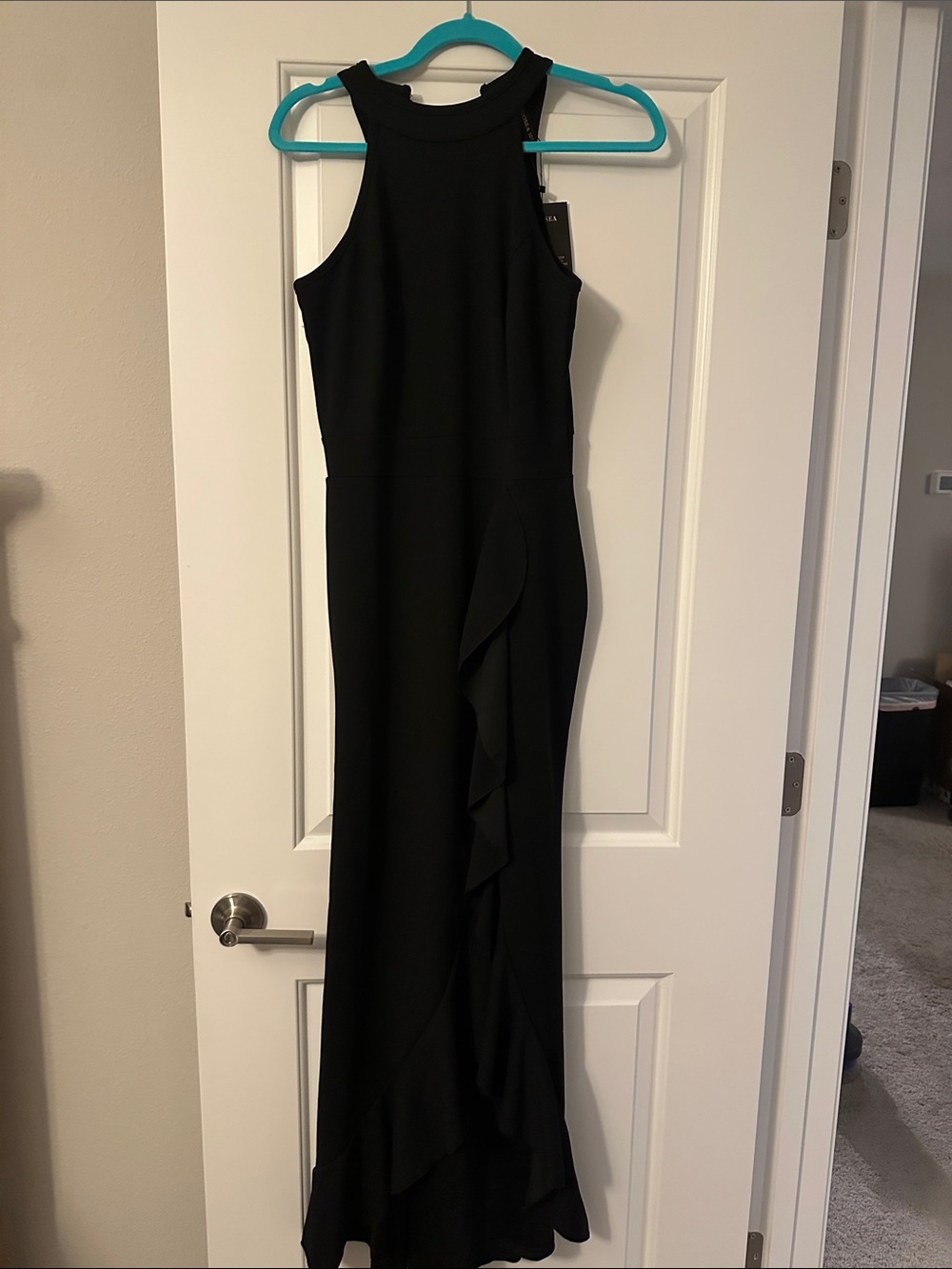 Black Ruffle-Trim Halter Evening Dress